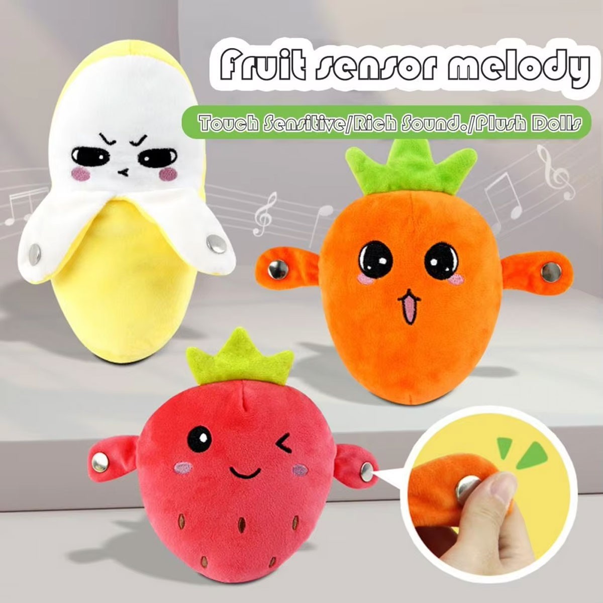 2026 Interactive Musical Toy Fruit Sensing Beat Piano Ragdoll Musical Doll Gifts
