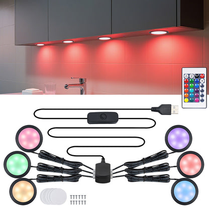 USB LED Under Cabinet Light Kit RGB Puck Lamp Counter Kitchen Display Dimmable