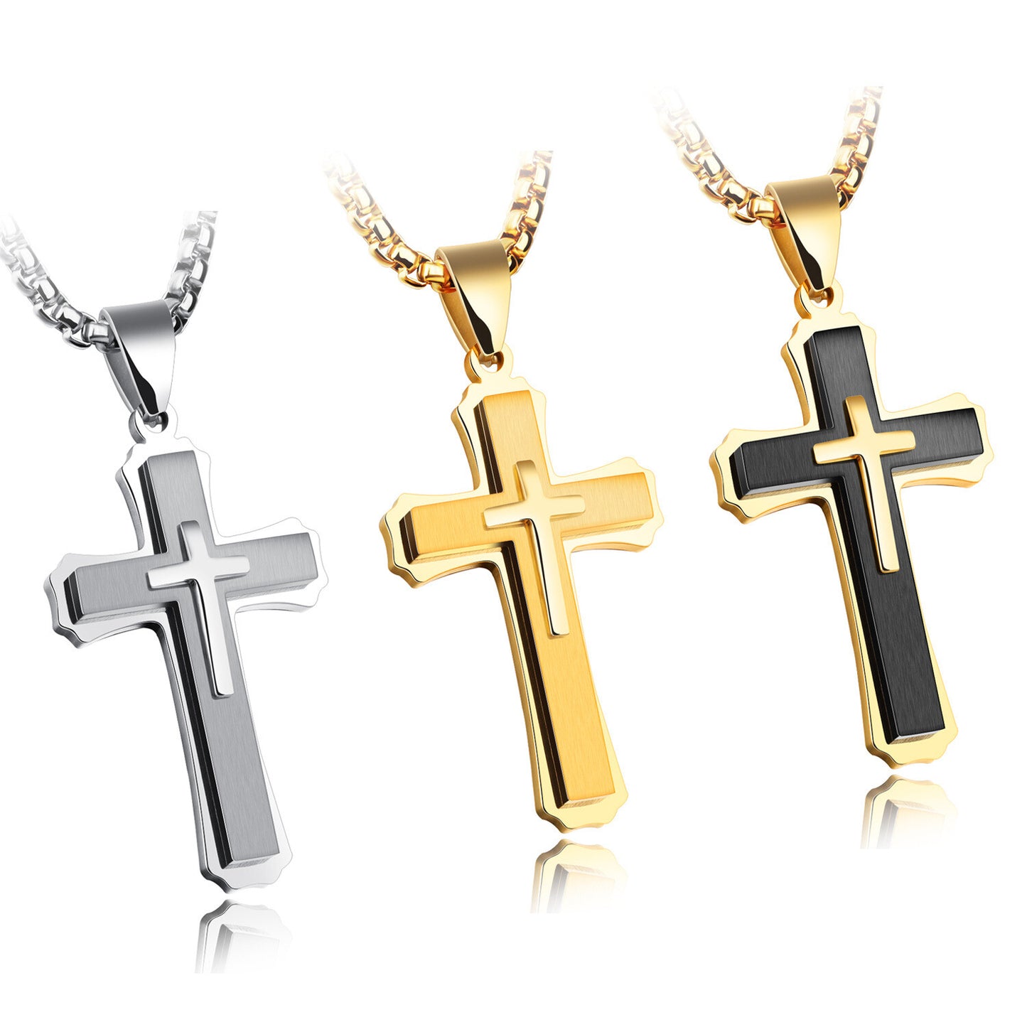 Real Stainless Steel Gold Silver Black 3 Layer Cross Pendant Pray Chain Necklace