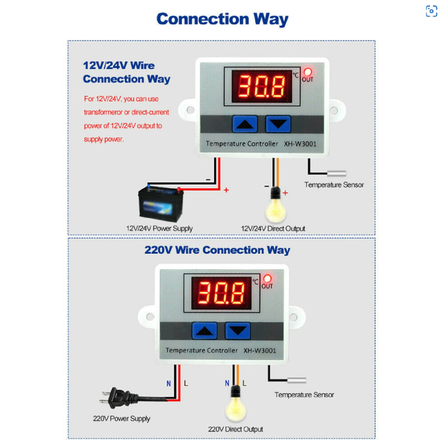 XH-W3001 Digital Microcomputer Temperature Controller with Sensor Probe