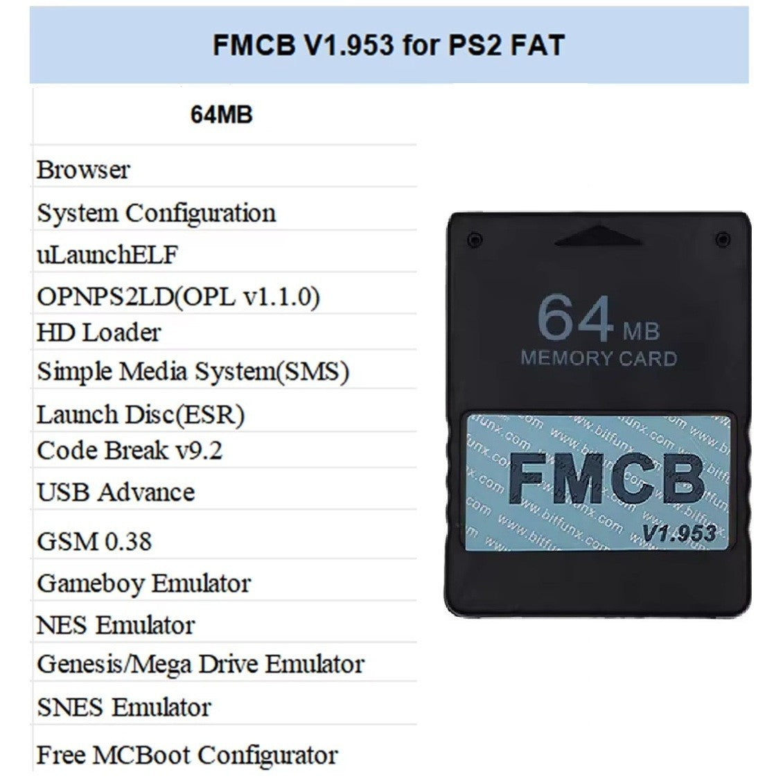BitFunx FMCB V1.953 64MB Free McBoot Memory Card for PS2 Fat Console - AU STOCK