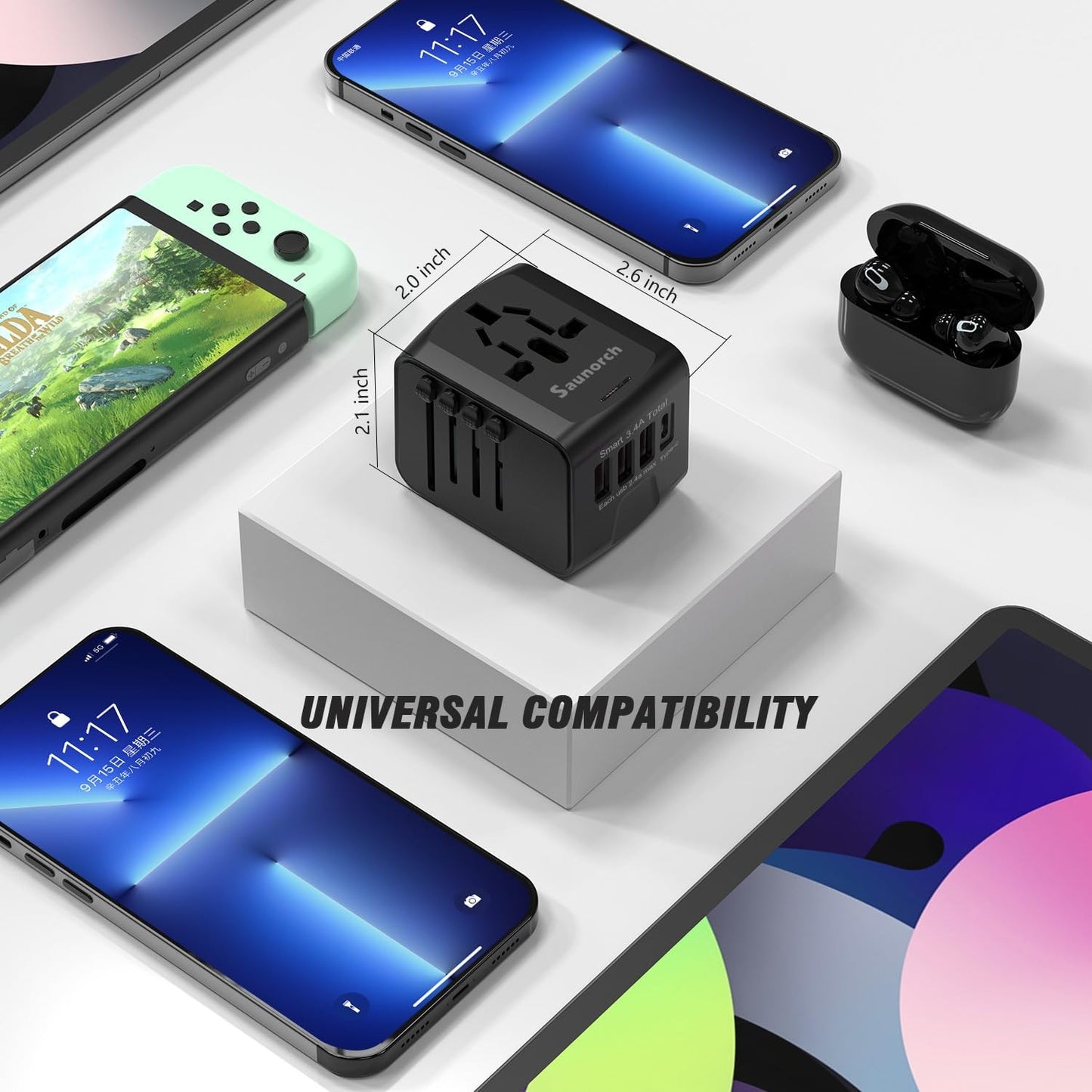 Universal Travel Power Adapter USB-C 3 USB-A Worldwide Plug Black