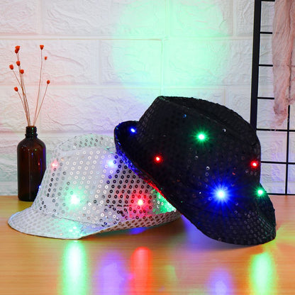 Fashion Light Up Dress Dance Party Sequin Panama Cap Jazz Hat Led Fedora Trilby