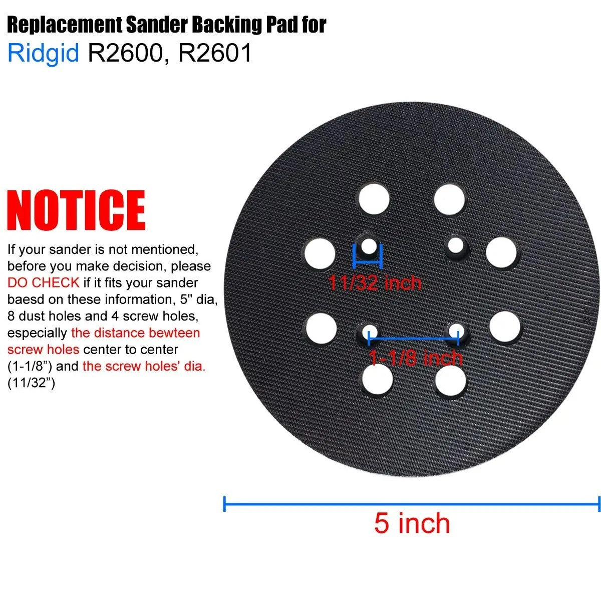 125mm Replacement Disc Sanding Base Backing Pad 8-Hole Orbital Sander Compatible with Ryobi
