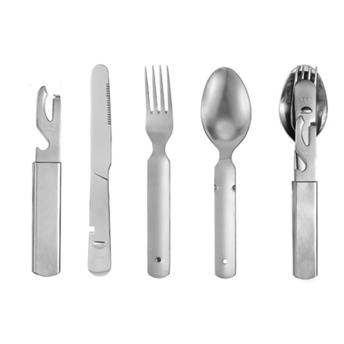 Compact 4in1 Utensil Set of Spoon Knife Fork and Bottle Can Opener Combo Camping
