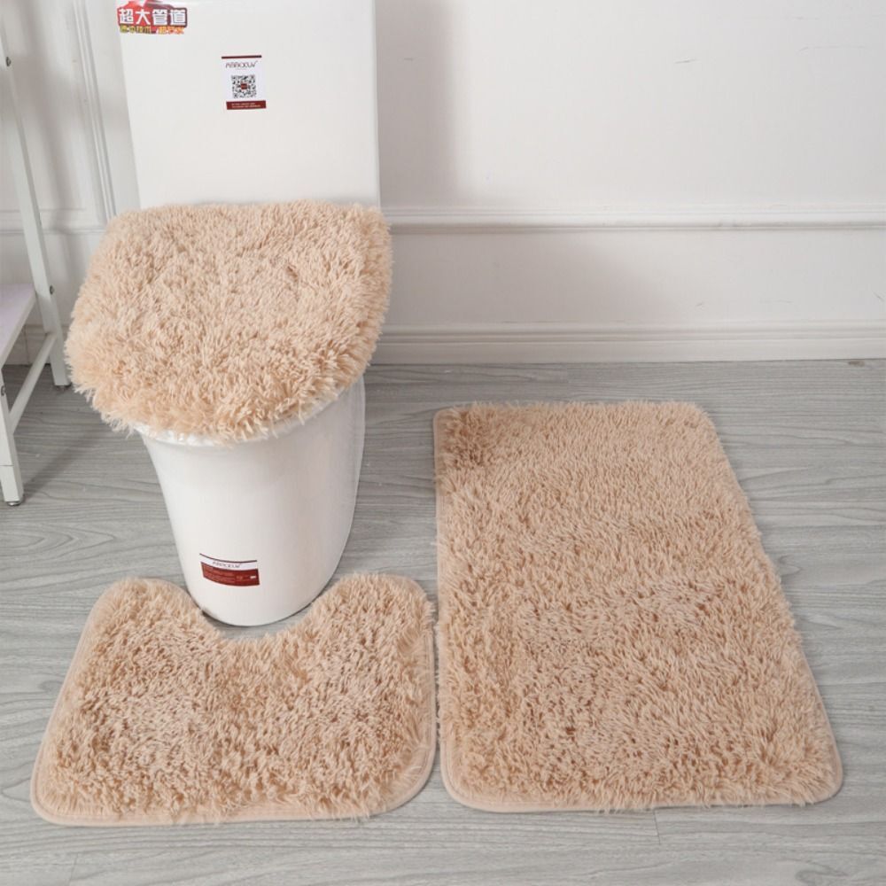 3pc Bathroom Set Rug Mat Toilet Lid Cover Plain Solid Color Bathmats Rugs Kit Non-Slip Fluffy Home Carpets For Bathroom