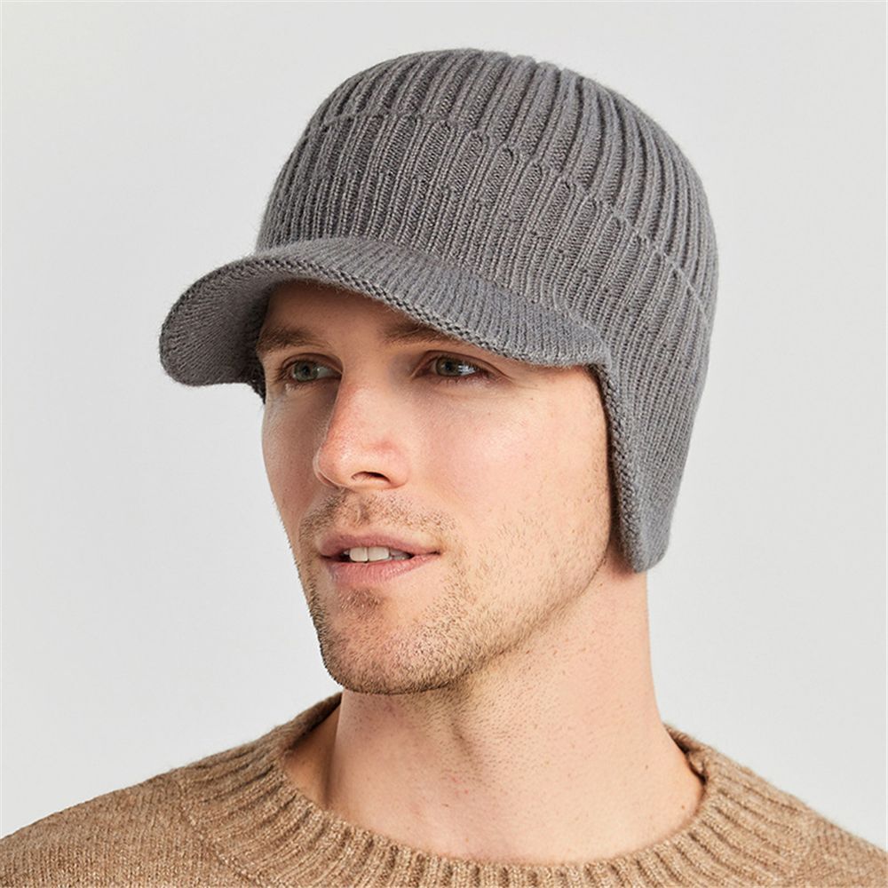 Winter Warm Thick Wool Beanie Hat Men's Knit Cap with Brim Cycling Cap