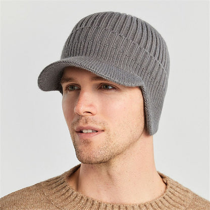 Winter Warm Thick Wool Beanie Hat Men's Knit Cap with Brim Cycling Cap