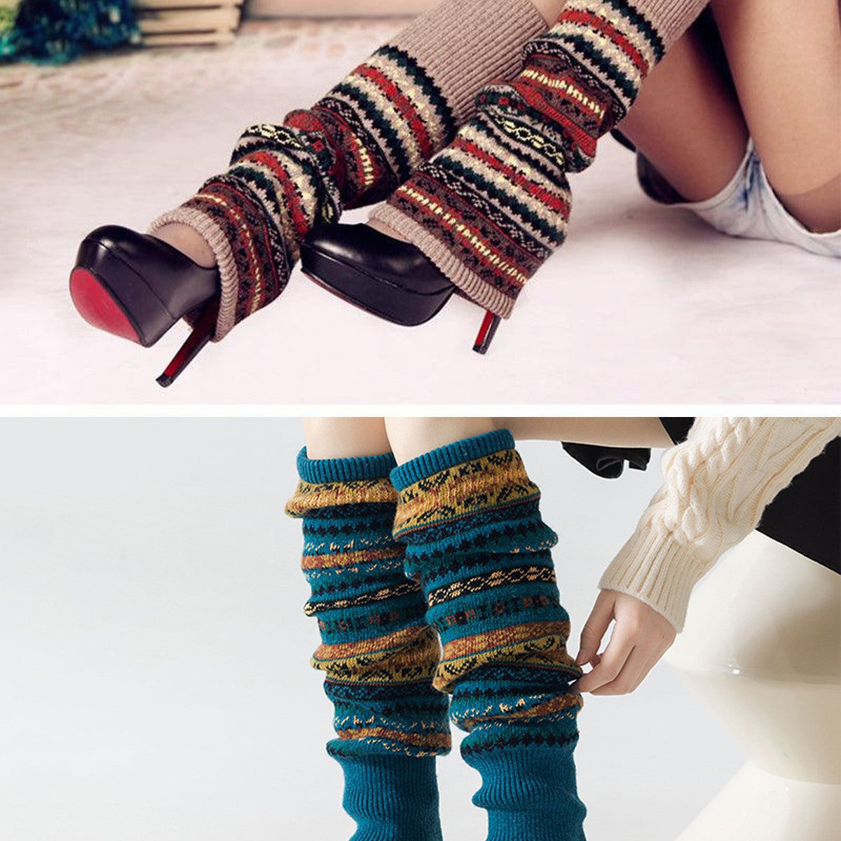 Women Ladies Winter Warm Knit Imitation Wool Leg Warmer Knee Knit Sock Leggings