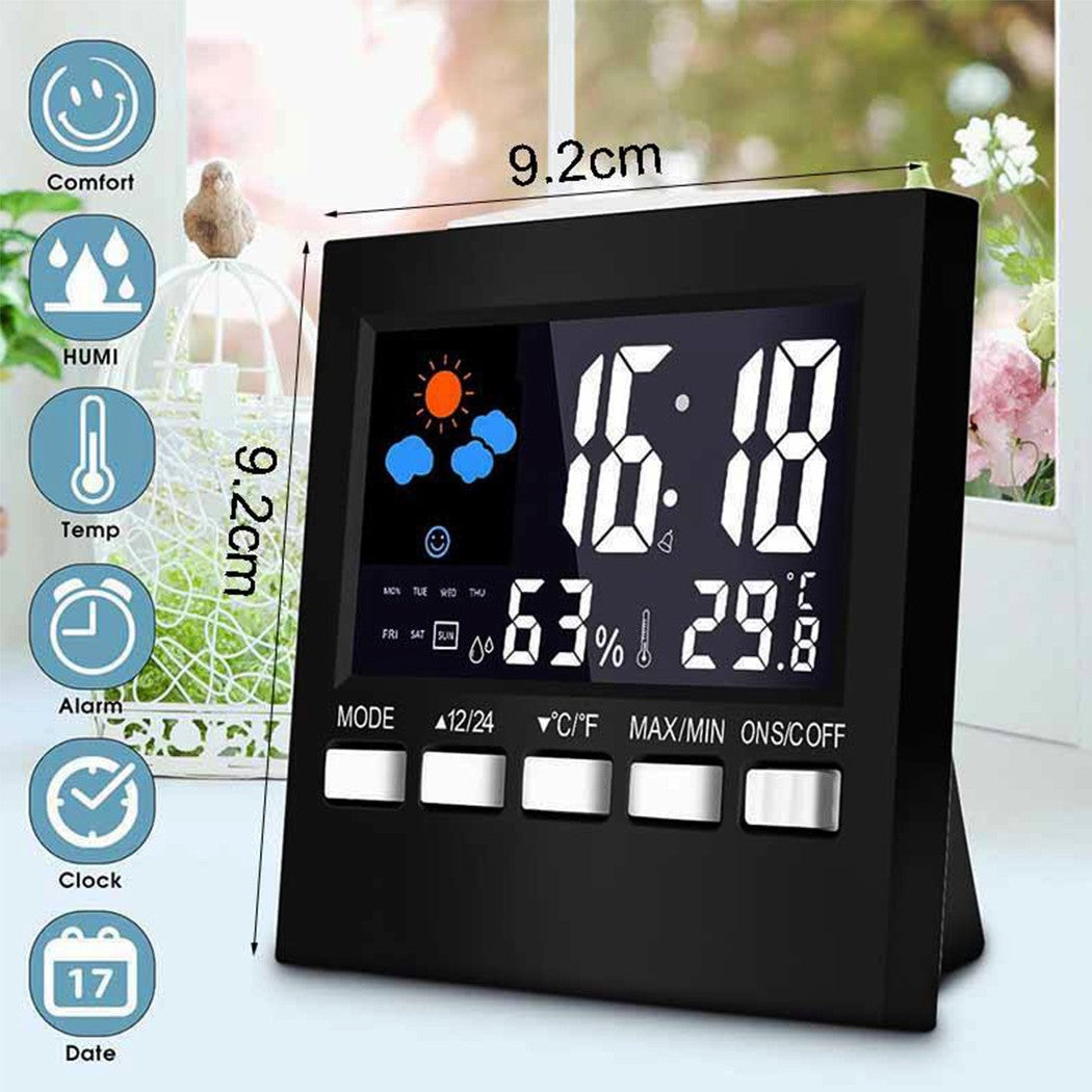 Digital Humidity Thermometer Clock Alarm Snooze Weather Forecast Backlight Indoo