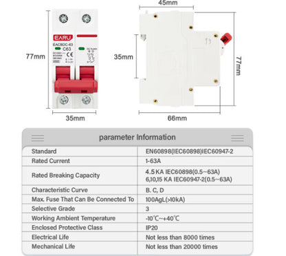 DC Circuit Breaker Solar 220-380V 2Pole Double MCB Mini 10/16/20/25/40/50/63 Amp