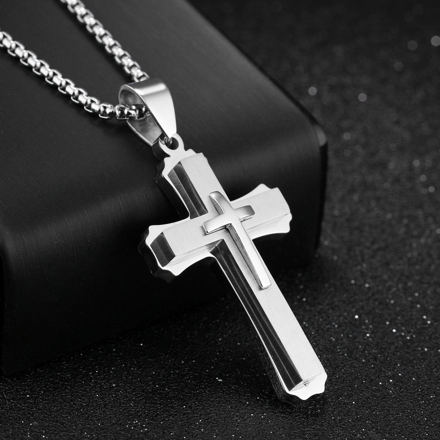 Real Stainless Steel Gold Silver Black 3 Layer Cross Pendant Pray Chain Necklace