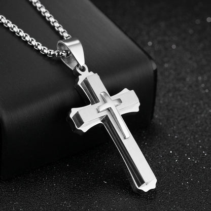 Real Stainless Steel Gold Silver Black 3 Layer Cross Pendant Pray Chain Necklace
