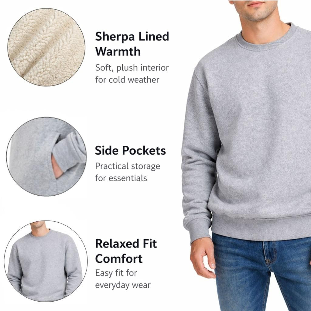 Unisex Sherpa Lined Jumper Warm Fleece Sweatshirt Winter Crewneck Jumpers Casual