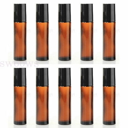 10X 10ml Roller Bottles Amber Thick Glass Steel Roll on Ball for Essential Oils
