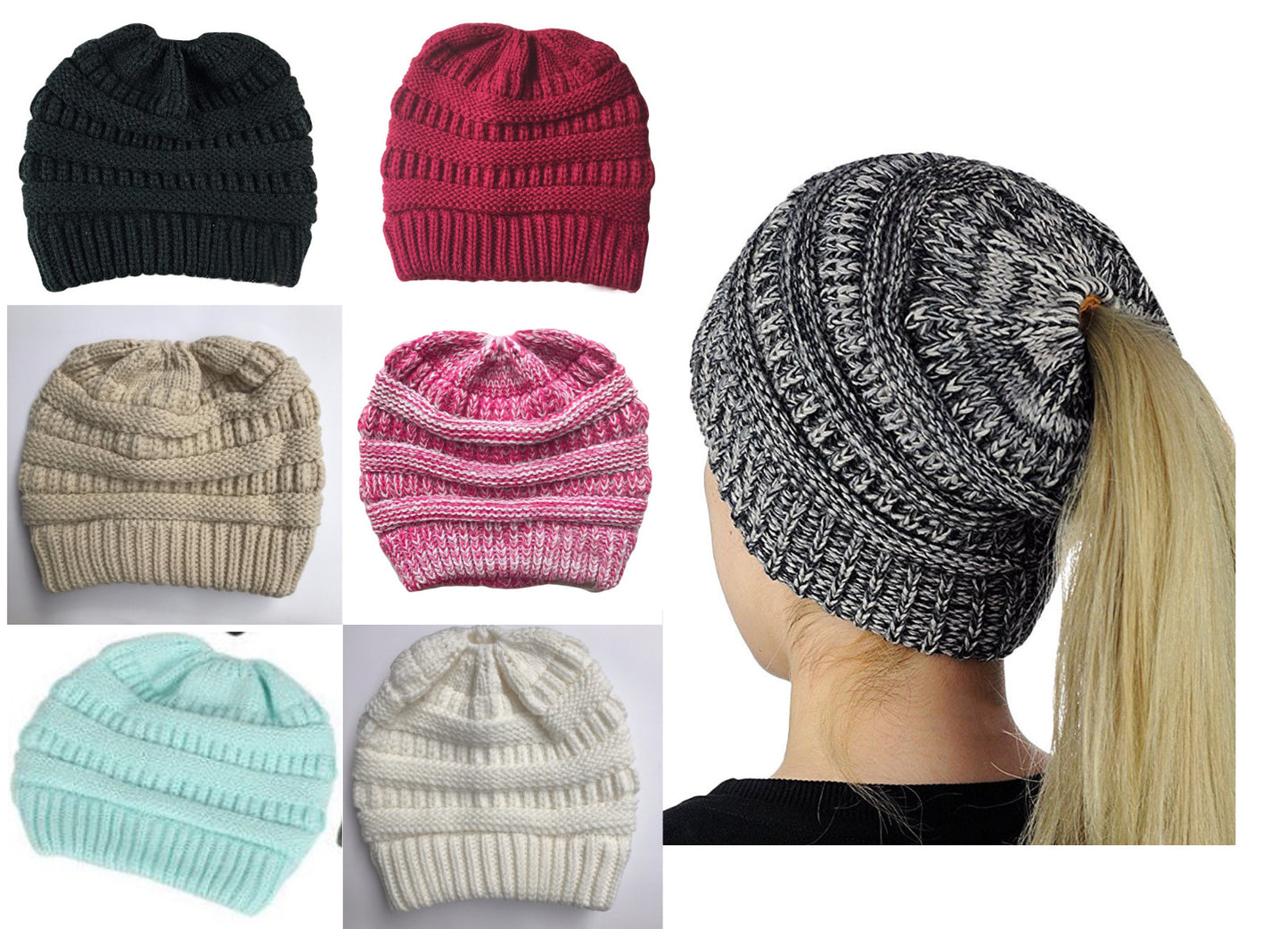 Ponytail Beanie Women's Ribbed Winter Messy Bun Cable Warm Soft Knit Hat Cap