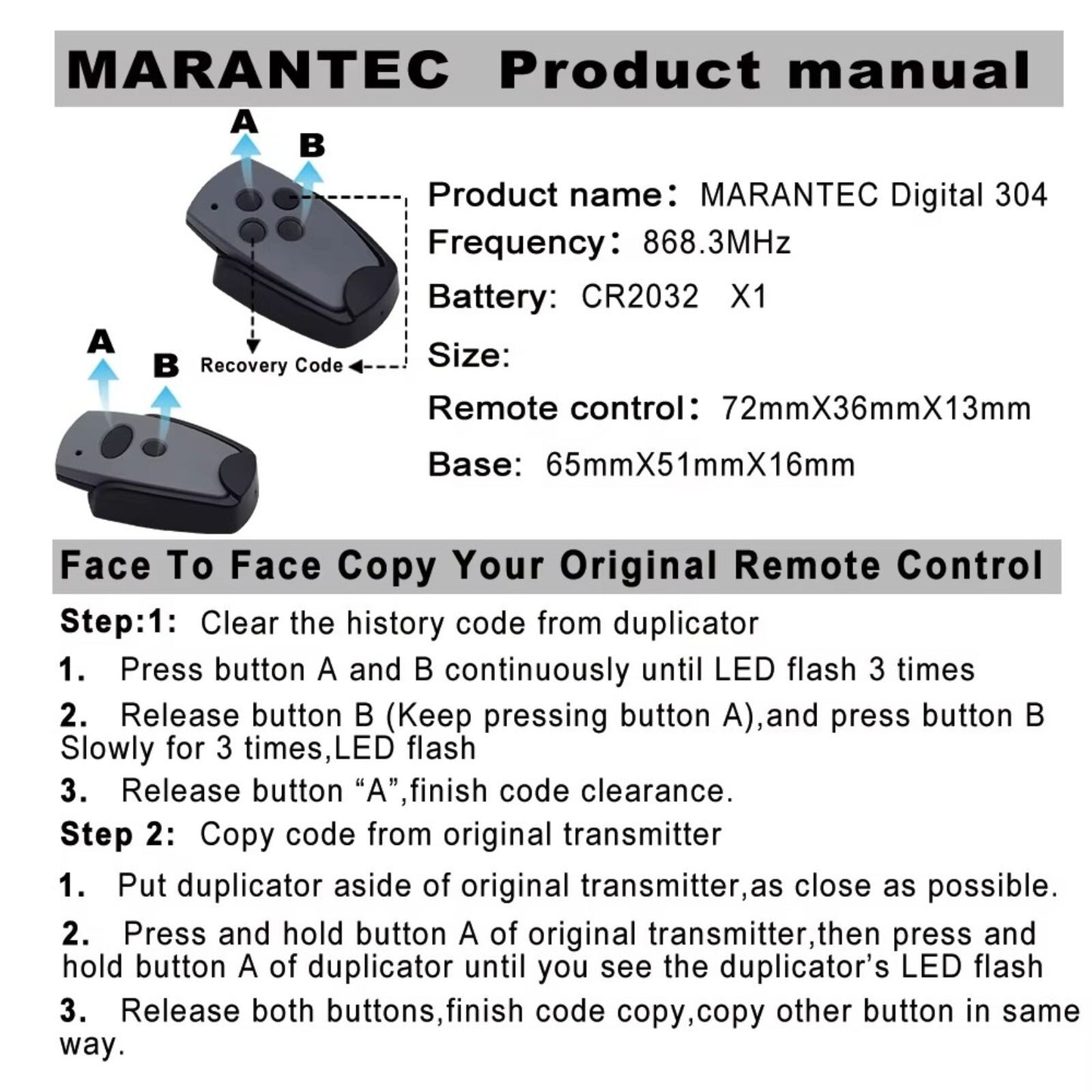 Marantec Digital 302 304 313 Comfort 220 250 270 replacement Remote 433Mhz