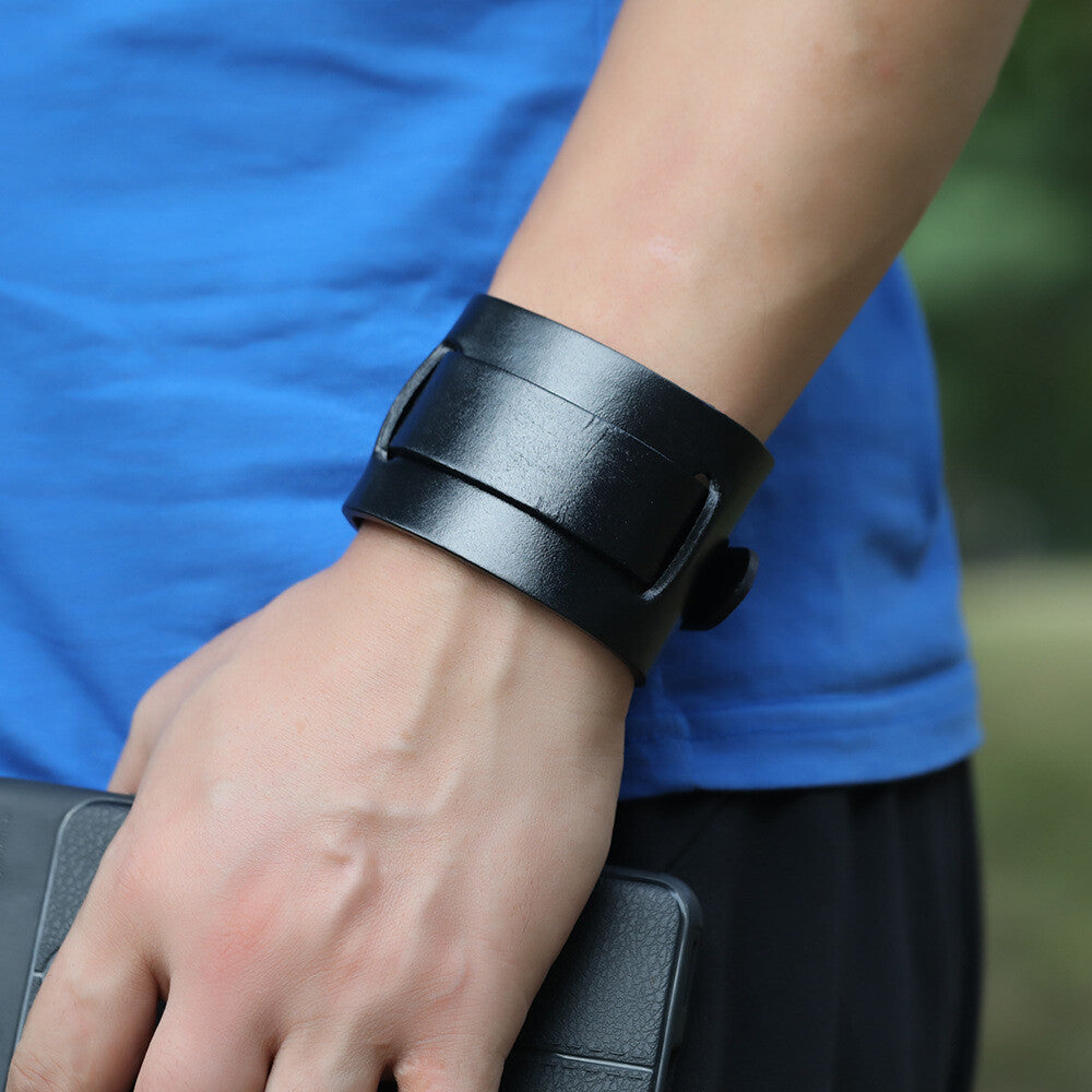 Men Punk 4.8cm Wide Leather Belt Wristband Bangle Cuff Bracelet Adjustable 28cm