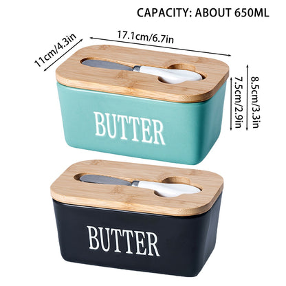 Ceramic Butter Dish Holder Wooden Lid Knife Fridge Cheese Storage Container AU