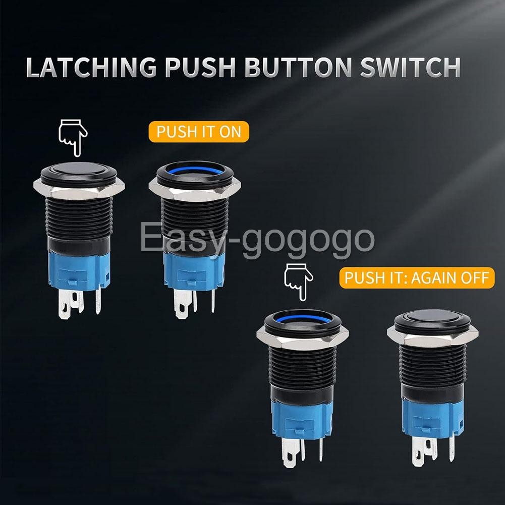 Round Switch Push Button Latching ON-OFF 12V 16mm NO NC IP65 BLUE LED RING Black