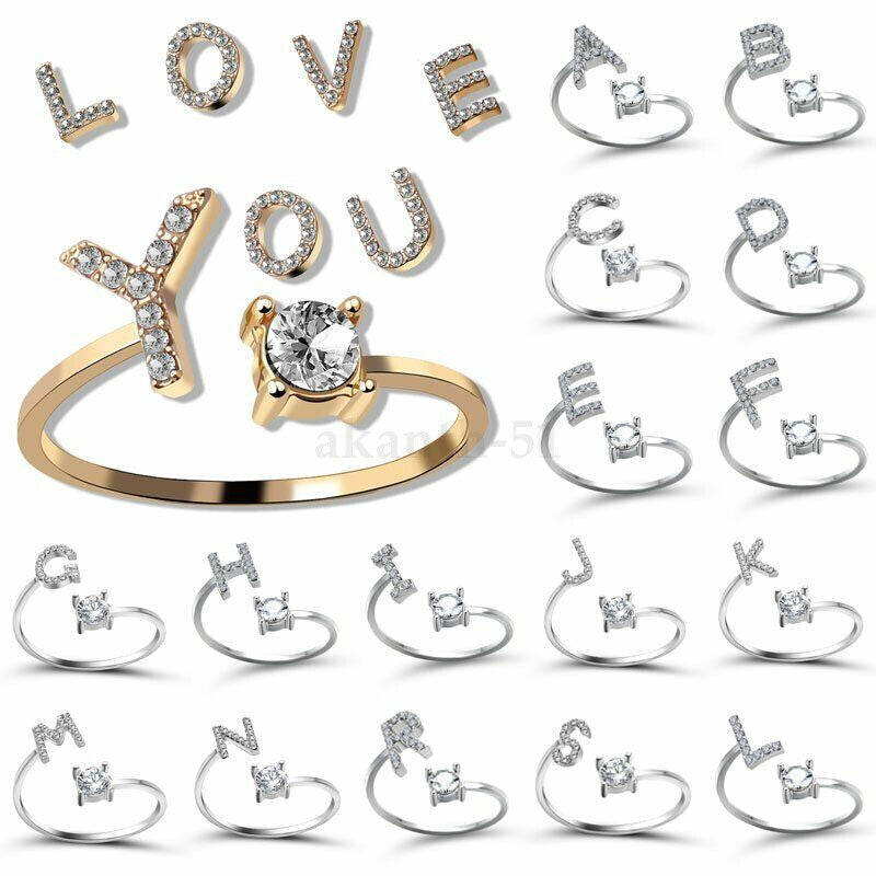Adjustable Open Initial A-Z Letters Ring Fashion Zircon Ring Womens Jewelry Gift