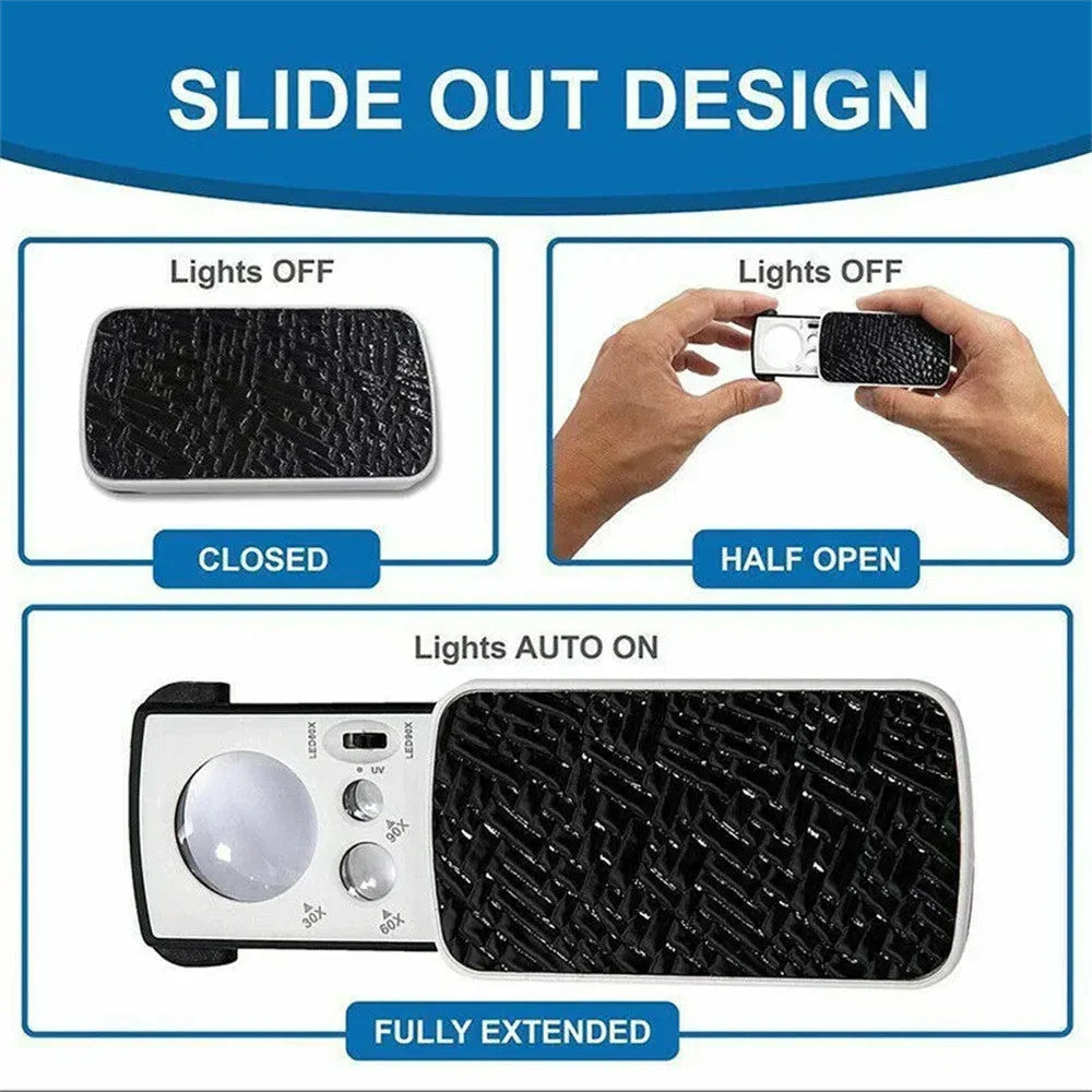 30x 60x 90x Jewellers Loupe LED Magnifier Loop Side Light Magnifying Glass Lens