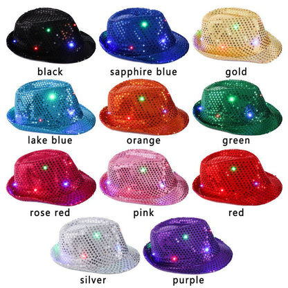 Fashion Light Up Dress Dance Party Sequin Panama Cap Jazz Hat Led Fedora Trilby