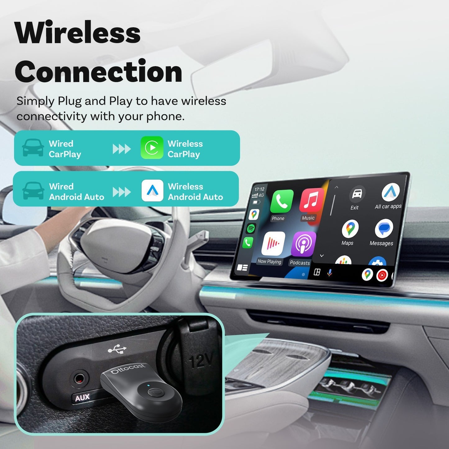 Ottocast Wireless Carplay Mirror iPhone Cars Adapter 3 in 1 Compatible w/Airplay – Compatible with iPhone