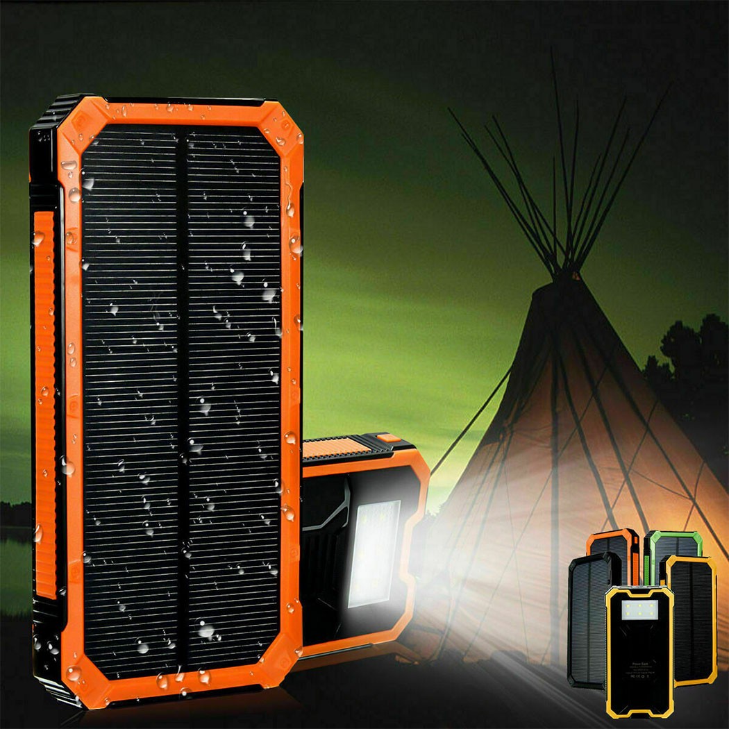 20000mAh Solar Power Bank Dual USB LED Flashlight Waterproof Portable Charger