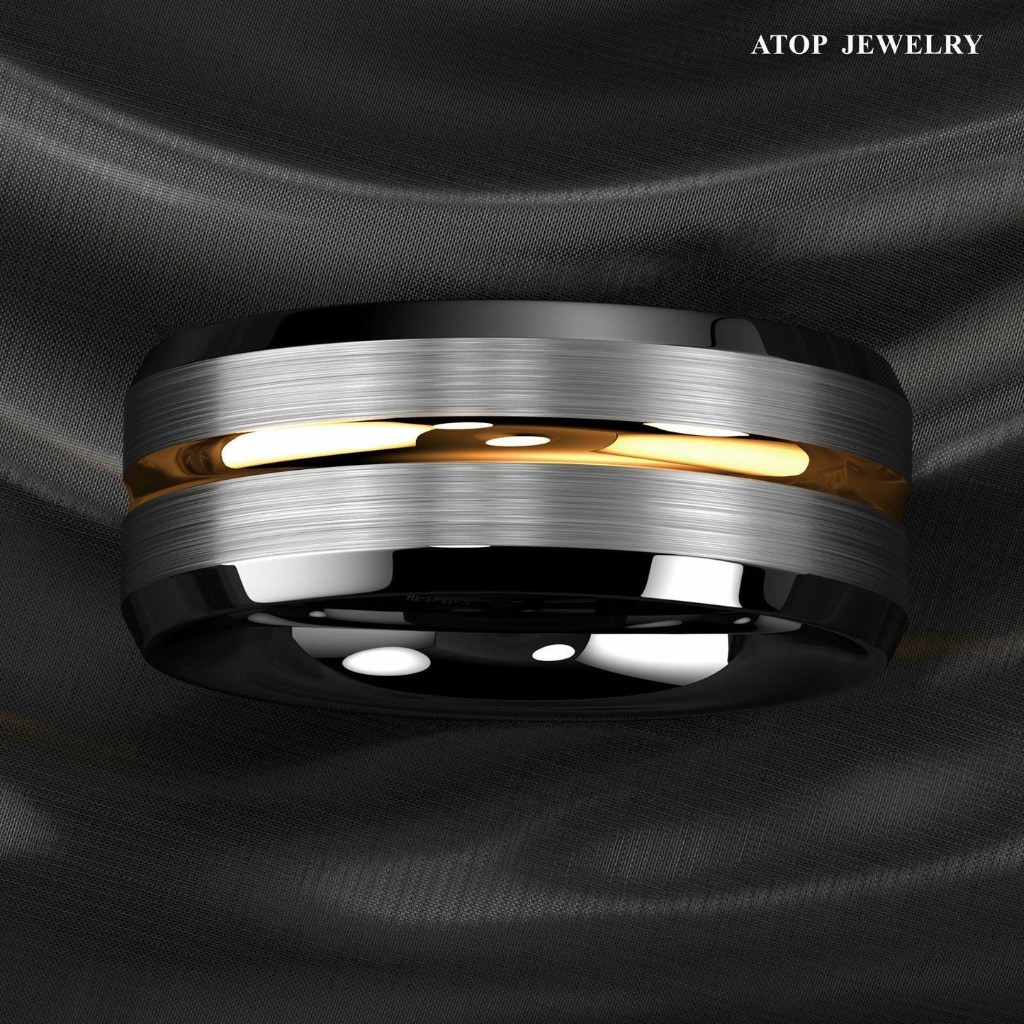 8Mm Silver Brushed Black edge Tungsten Ring Gold Stripe ATOP men wedding band