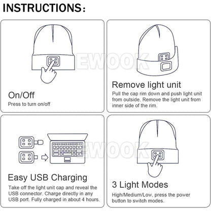 Winter Autumn Warm LED Light Knitted Beanie Hat Men Women With USB Rechargeable