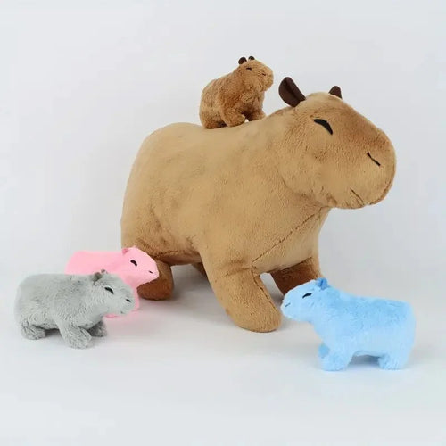 Capybara Family Plush Set – Large Capybara & 4 Small Capybara Soft Toys with Zip