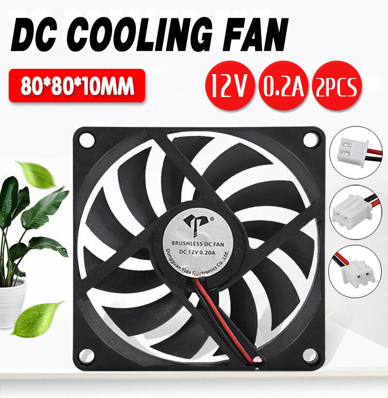 2PC 12V DC 8010 Fan 2 Pin Brushless Cooling for Computer Hydroponics AU Stock