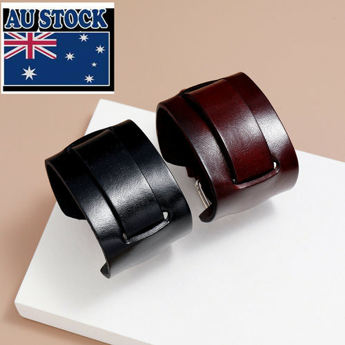 Men Punk 4.8cm Wide Leather Belt Wristband Bangle Cuff Bracelet Adjustable 28cm