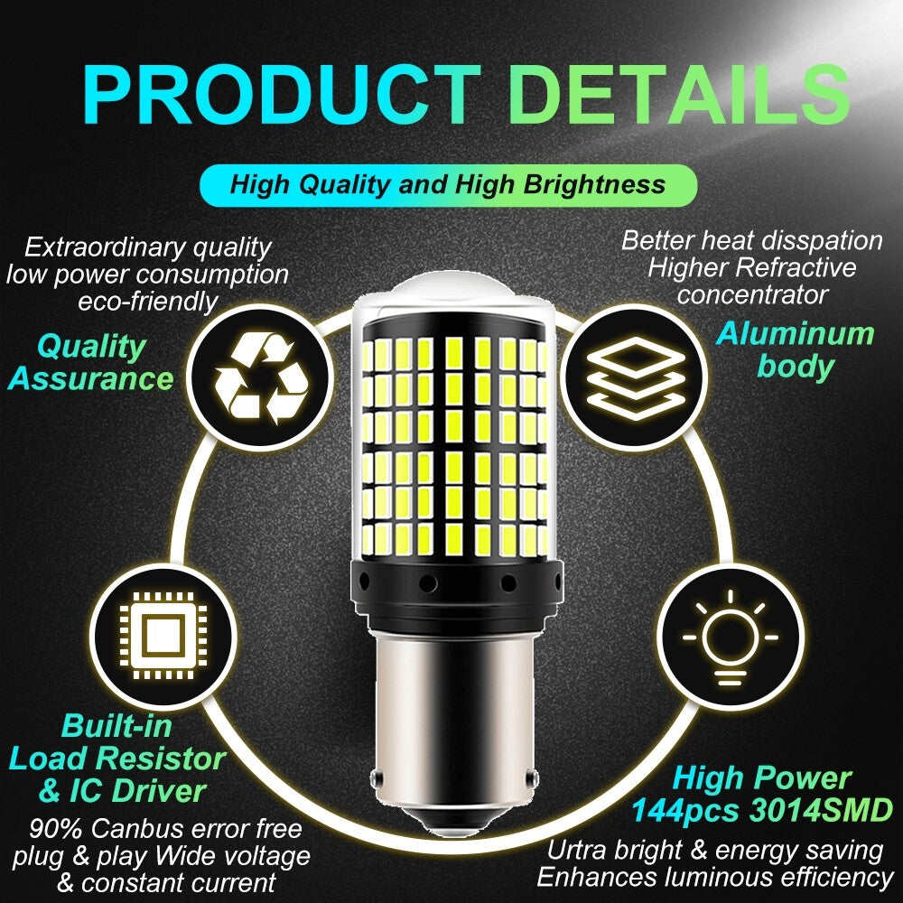 2 x BA15S 1156 12V 2100LM Cool White LED 144SMD 360 degree super Bright (2pcs)