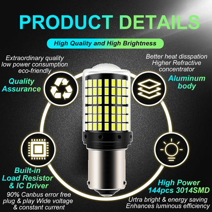 2 x BA15S 1156 12V 2100LM Cool White LED 144SMD 360 degree super Bright (2pcs)