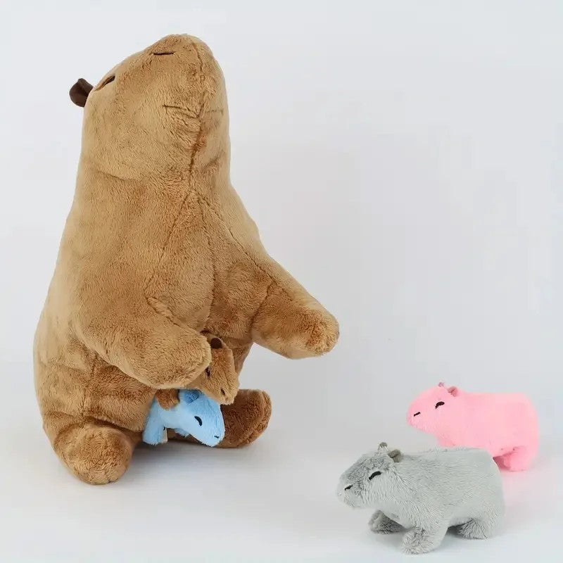 Capybara Family Plush Set – Large Capybara & 4 Small Capybara Soft Toys with Zip