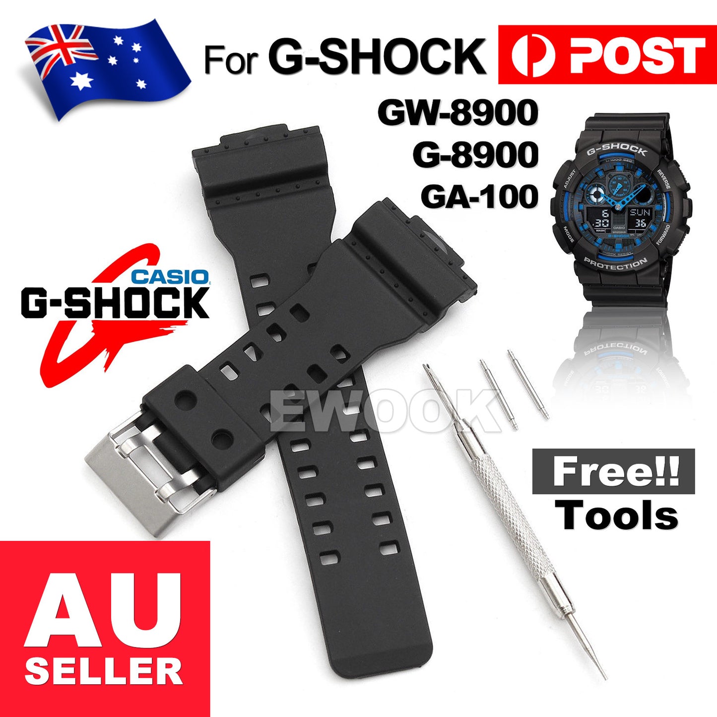 16mm WATCH BAND STRAP FITS CASIO G SHOCK GA-100 G-8900 GW-8900 PINS TOOL G-SHOCK