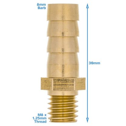3x Brass 8mm Barb Hose To M8 x 1.25mm Male Threaded Pipe Fitting Tail Connector