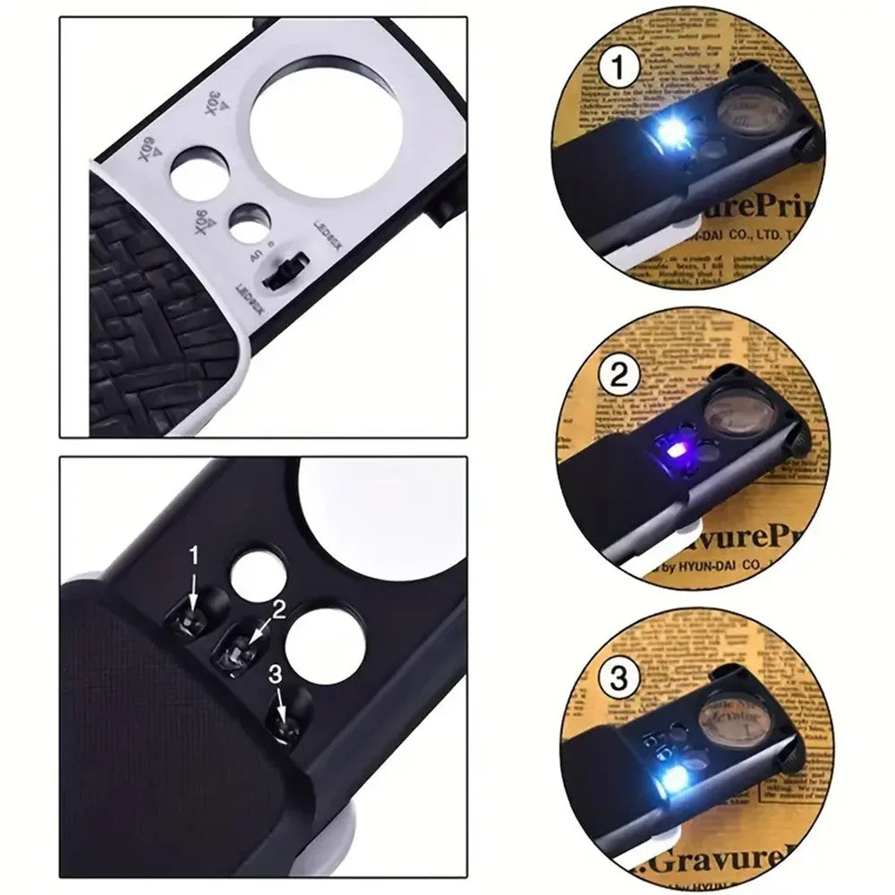 30x 60x 90x Jewellers Loupe LED Magnifier Loop Side Light Magnifying Glass Lens