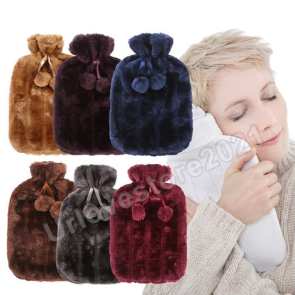 2L HOT WATER BOTTLE Fluffy Plush Faux Fur Cover Winter Warm Rubber Bag Warmer TT