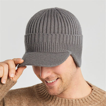 Winter Warm Thick Wool Beanie Hat Men's Knit Cap with Brim Cycling Cap