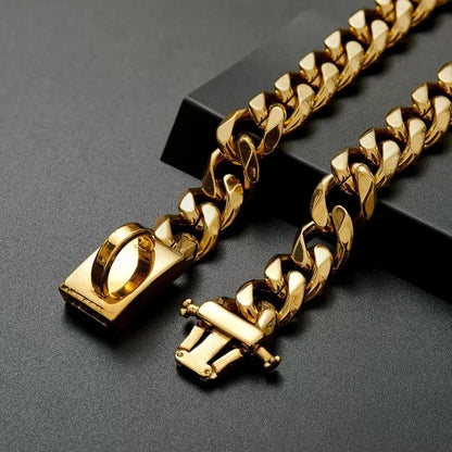 Luxury 316 Stainless Steel Gold Chain Dog Collar Cuban Link Pet Necklace 10"-26"