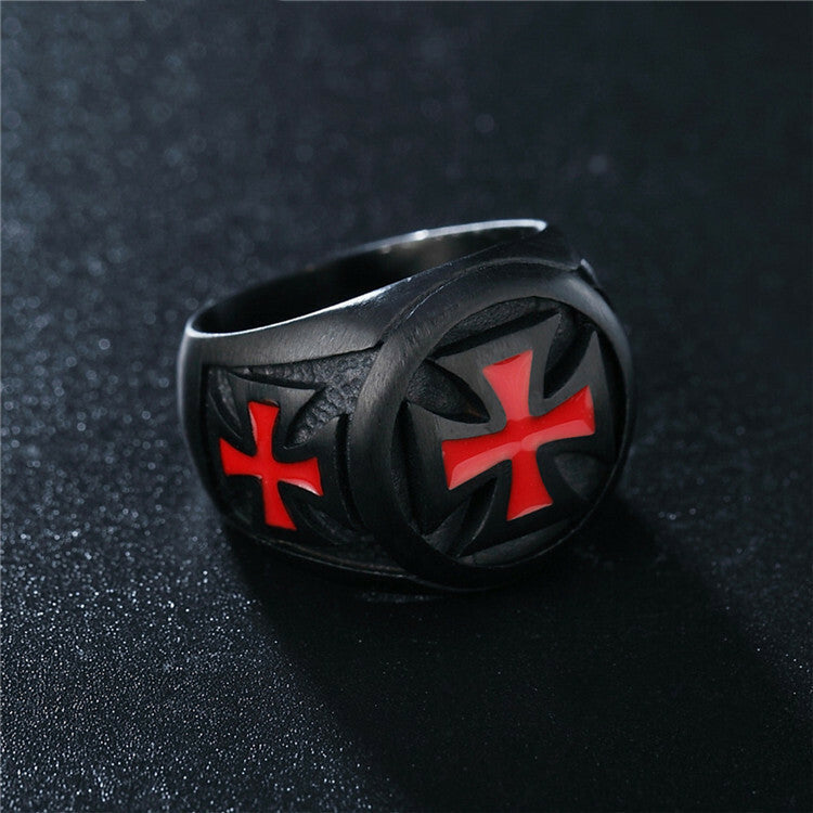 Mens Real Stainless Steel Black&Red Knights Templar Maltese Cross Band Ring