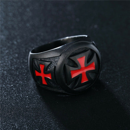 Mens Real Stainless Steel Black&Red Knights Templar Maltese Cross Band Ring