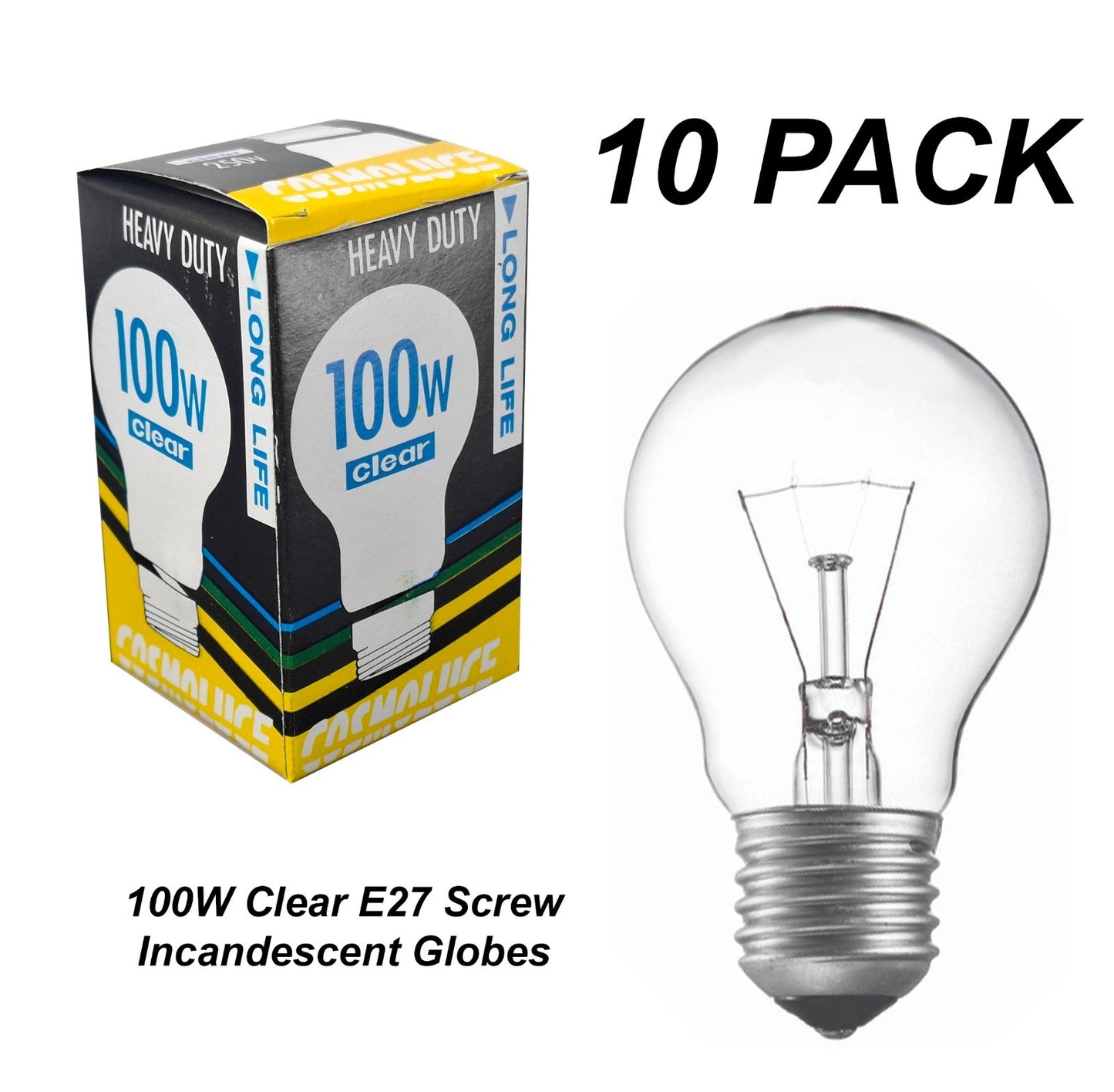 10 x 100W Clear Light Globes Bulbs E27 Screw Incandescent Dimmable Warm White