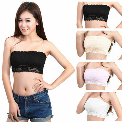 Sexy Women Lace Floral Stretch Strapless Bandeau Bra Boob Tube Crop Top Vest