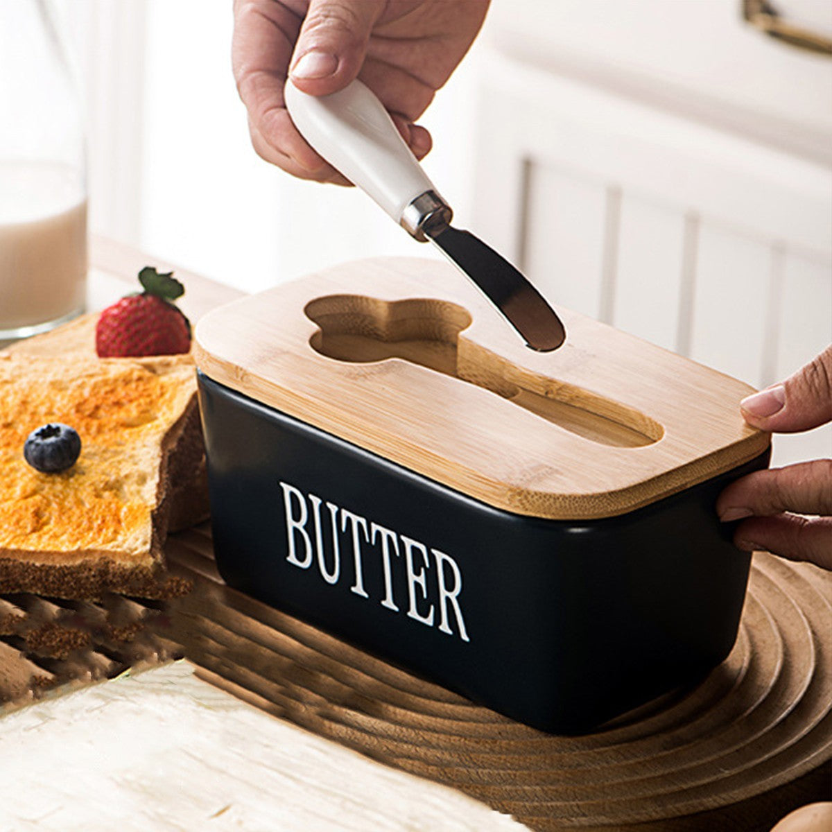 Ceramic Butter Dish Holder Wooden Lid Knife Fridge Cheese Storage Container AU