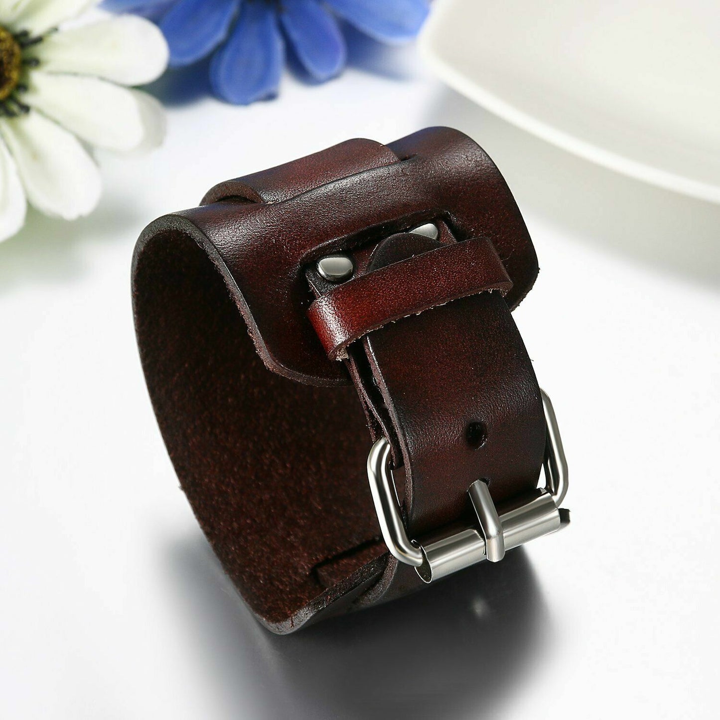 Men Punk 4.8cm Wide Leather Belt Wristband Bangle Cuff Bracelet Adjustable 28cm