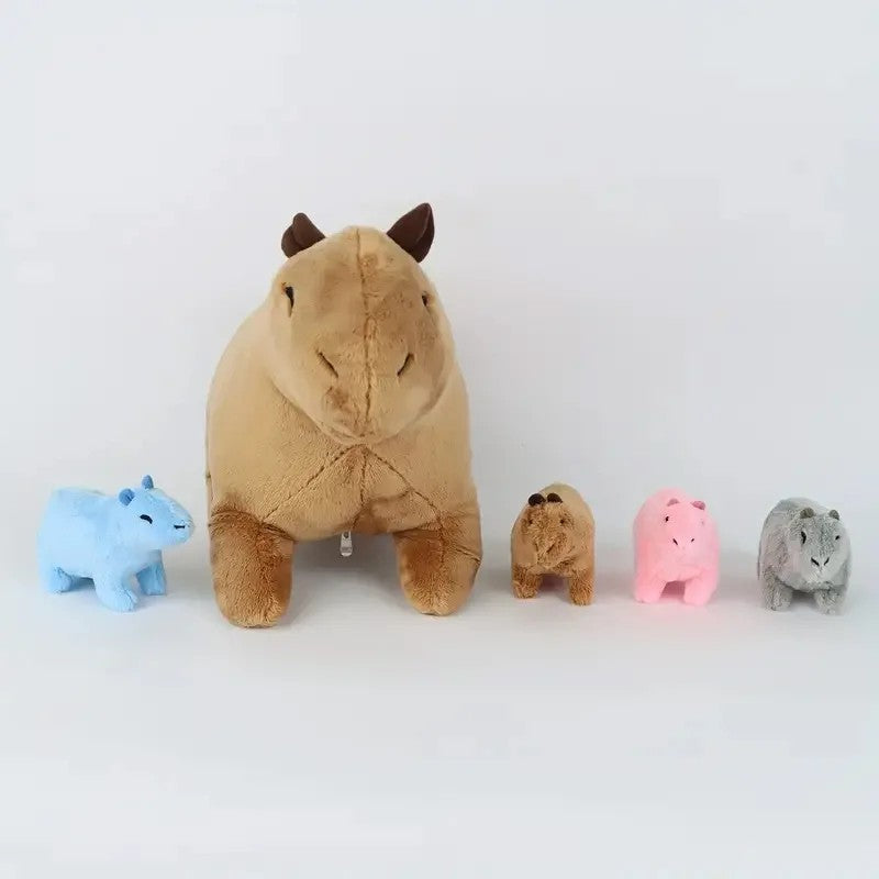 Capybara Family Plush Set – Large Capybara & 4 Small Capybara Soft Toys with Zip